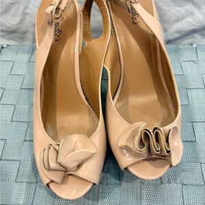 Candie's Blush Peep-Toe Wedge with Floral Accent